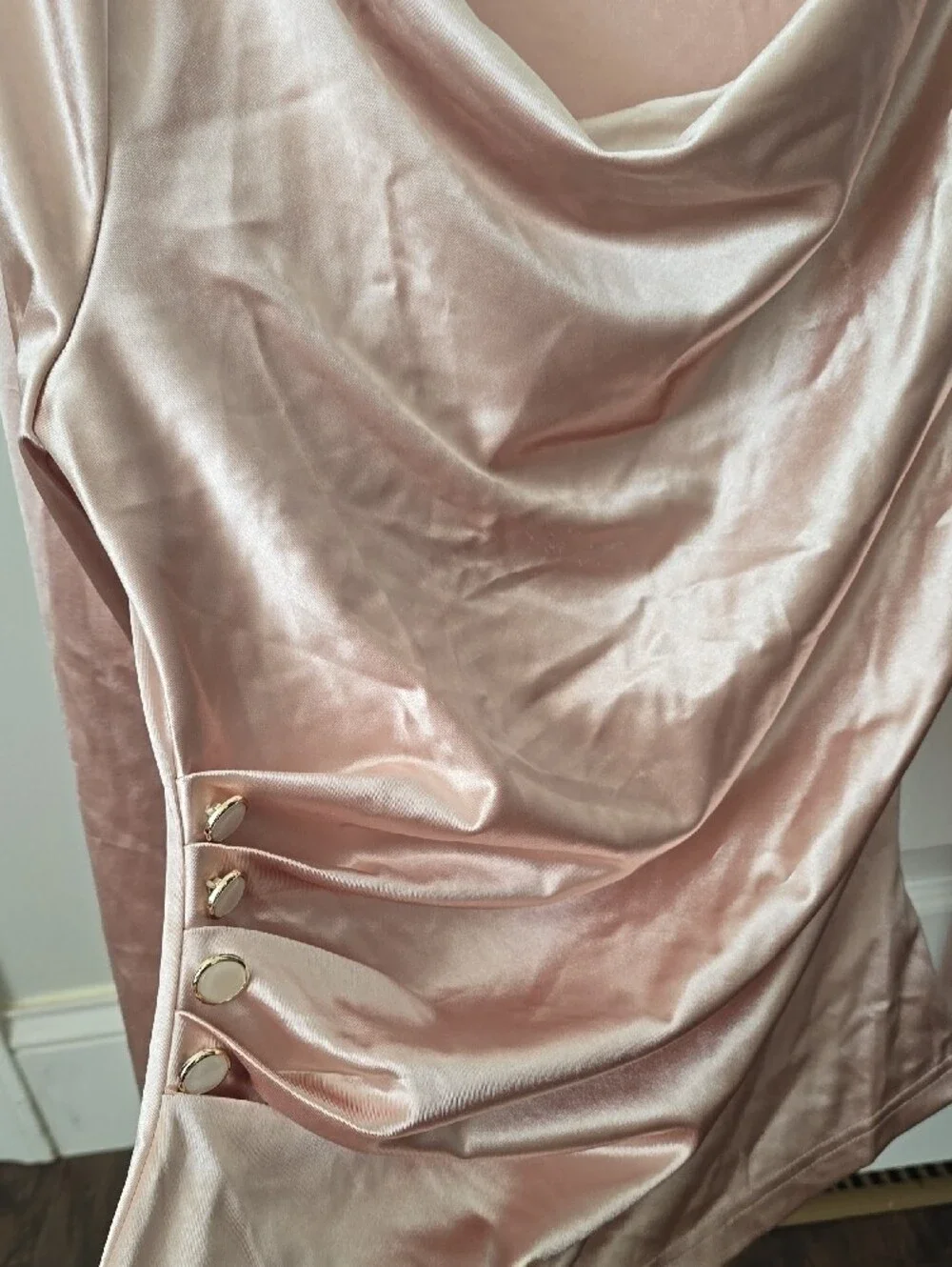 Satin Drape Neck Long-Sleeve Top - Blush Pink